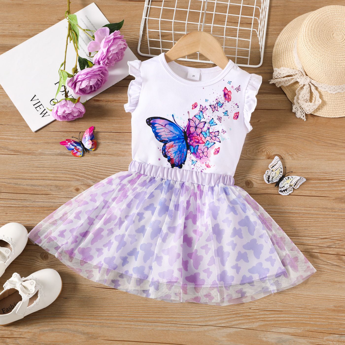 

2pcs Toddler Girl Butterfly Print Flutter-sleeve Top and Skirt Set