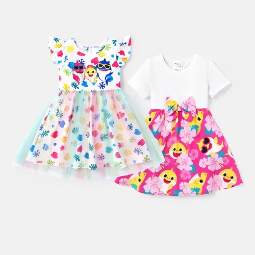 Baby Shark Toddler Girl Character Print Bow Decor/Mesh Overlay Dress