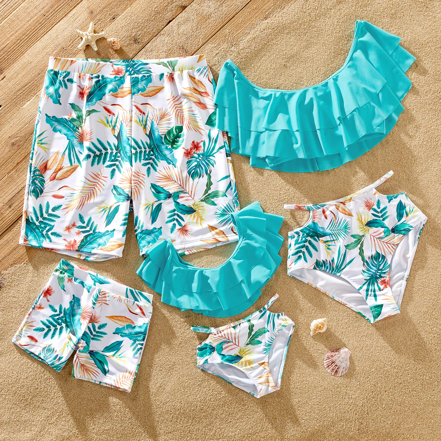 Family Matching Tropical Plant Print Ruffled Two-piece Swimsuit or Swim Trunks Shorts