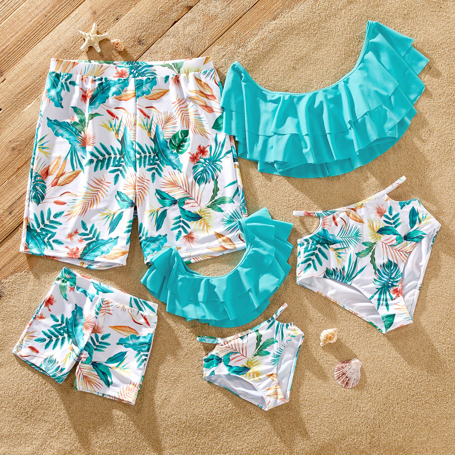 Famille Matching Tropical Plant Print Ruffled Two-piece Maillot De Bain Ou Swim Trunks Shorts