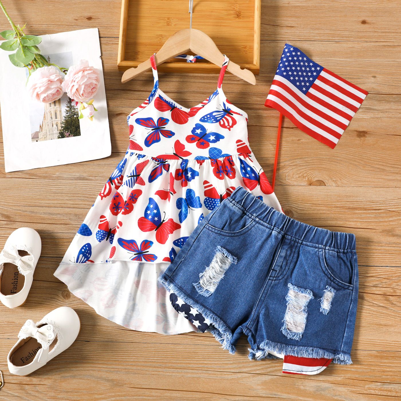 Independence Day 2pcs Toddler Girl Butterfly Print Ruffle Hem Cami Top And Ripped Denim Shorts Set