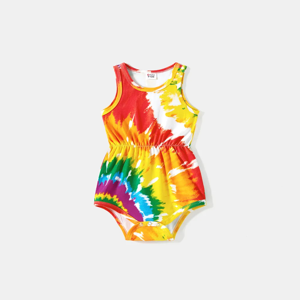 Mommy and Me Colorful Tie Dye Bodycon Split Hem Tank Dresses big image 1