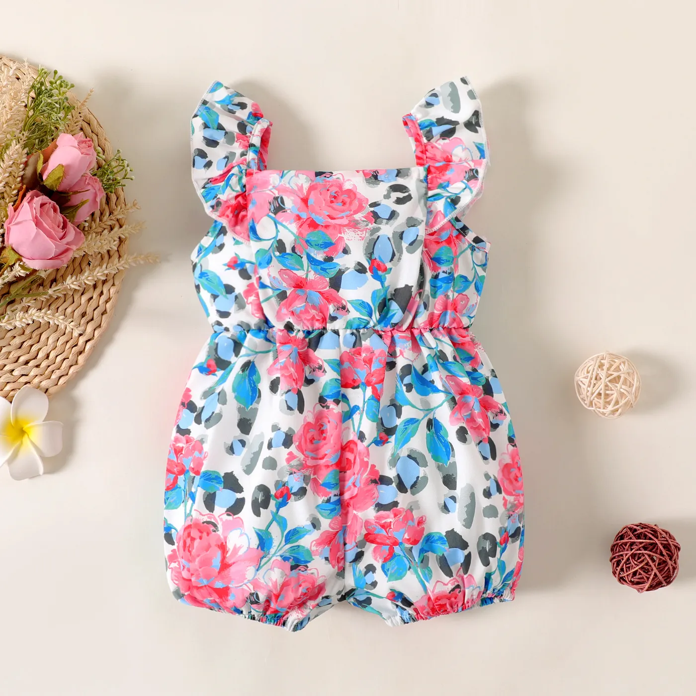 Baby Girl Floral Allover Flutter-sleeve Romper PinkyWhite image 2