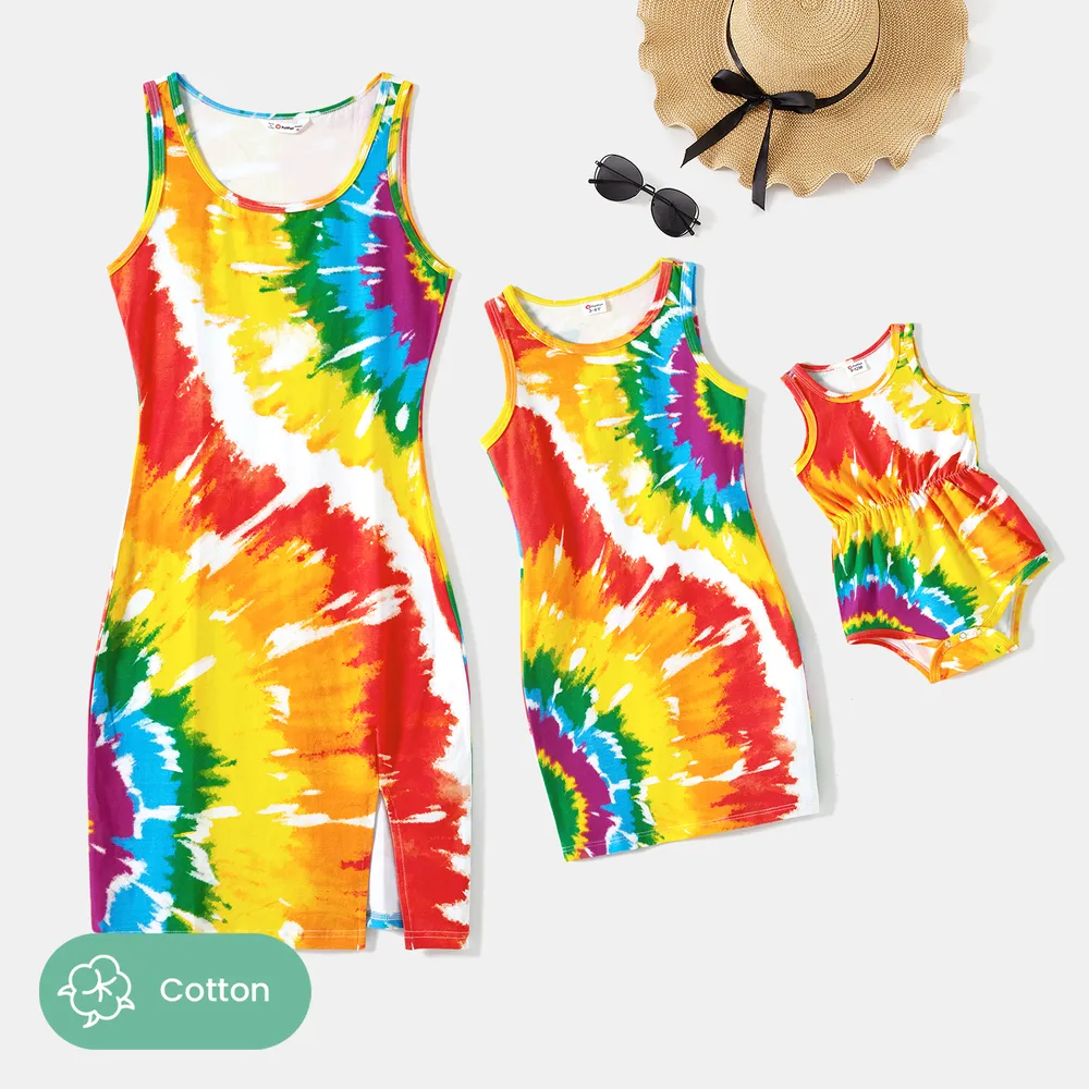 Mommy and Me Colorful Tie Dye Bodycon Split Hem Tank Dresses big image 10