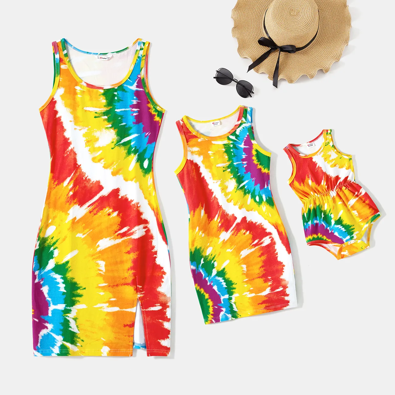 Mommy and Me Colorful Tie Dye Bodycon Split Hem Tank Dresses Colorful big image 1
