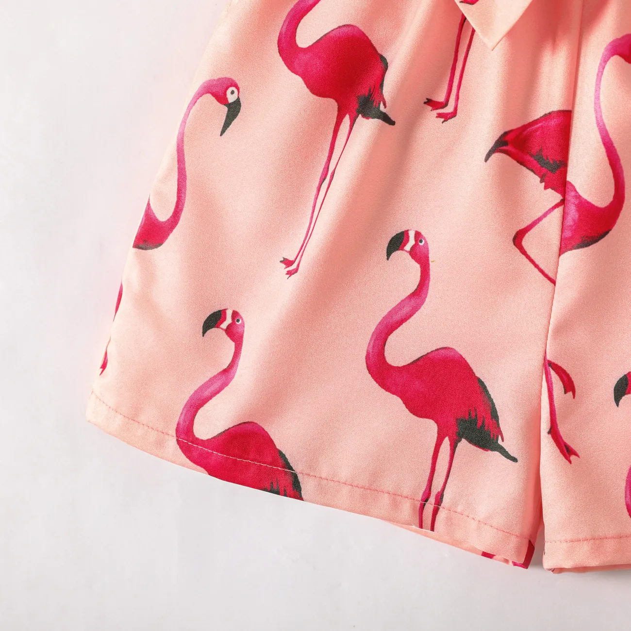 Toddler Girl Flamingo Print Button Design Belted Cami Romper Jumpsuit Shorts Pink big image 1