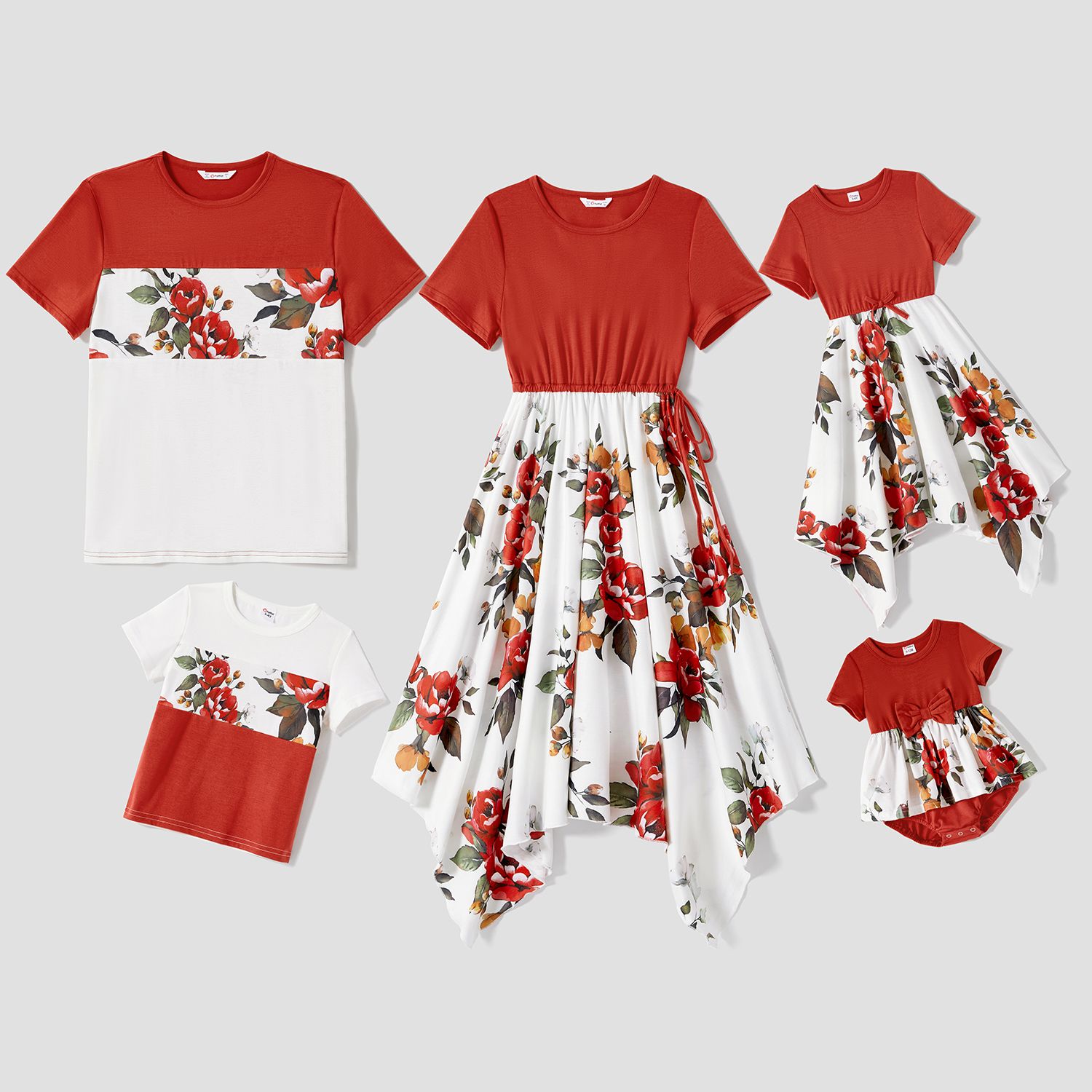 

Family Matching Solid Spliced Floral Print Asymmetric Hem Drawstring Dresses and Short-sleeve Colorblock T-shirts Sets