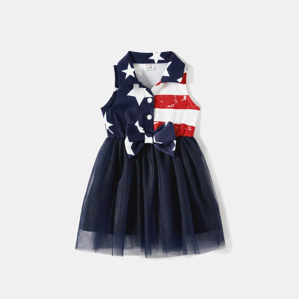 Independence Day Family Matching Stars & Striped Print Spliced Mesh Tank Dresses and Short-sleeve T-shirts Sets  big image 1