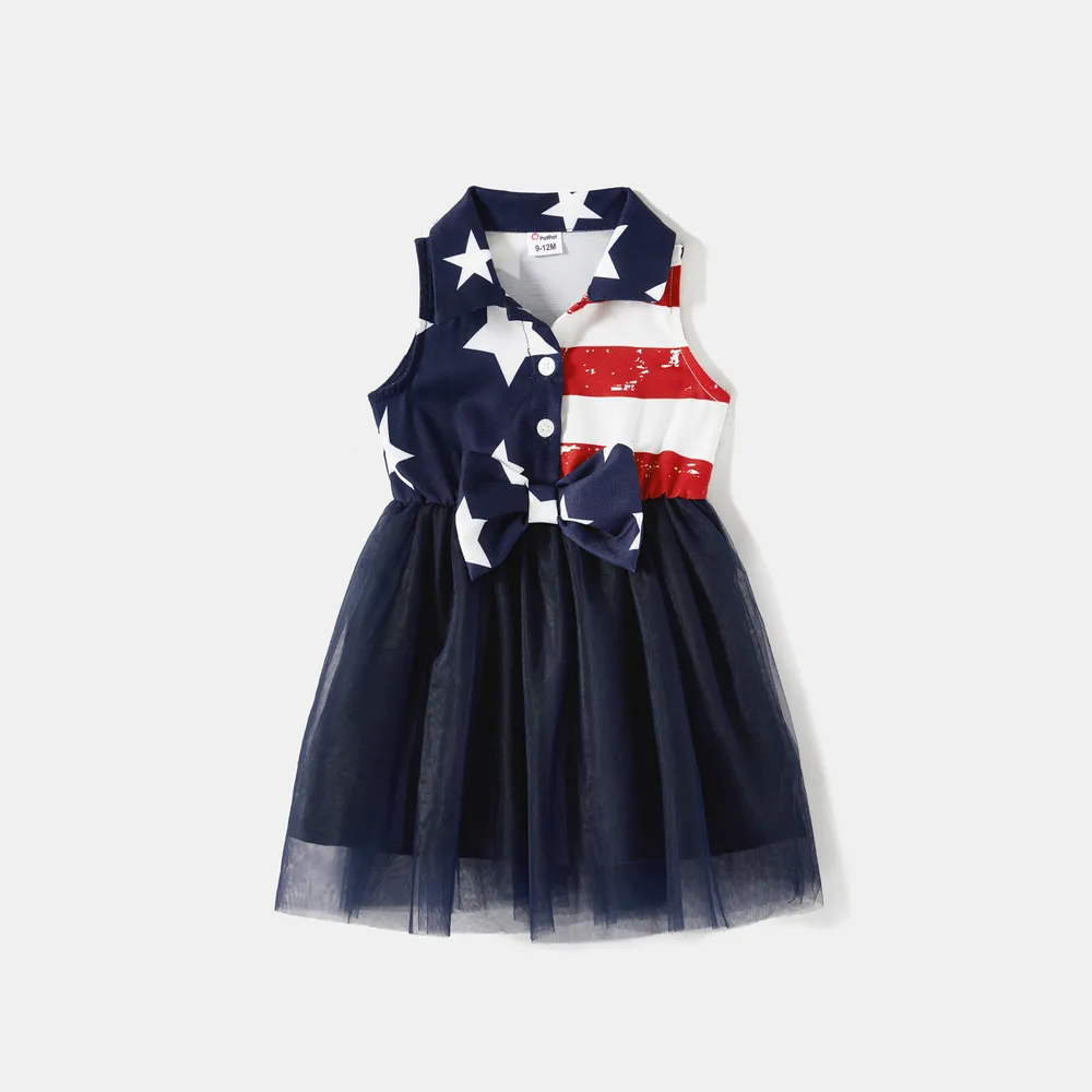 Independence Day Family Matching Stars & Striped Print Spliced Mesh Tank Dresses and Short-sleeve T-shirts Sets big image 1