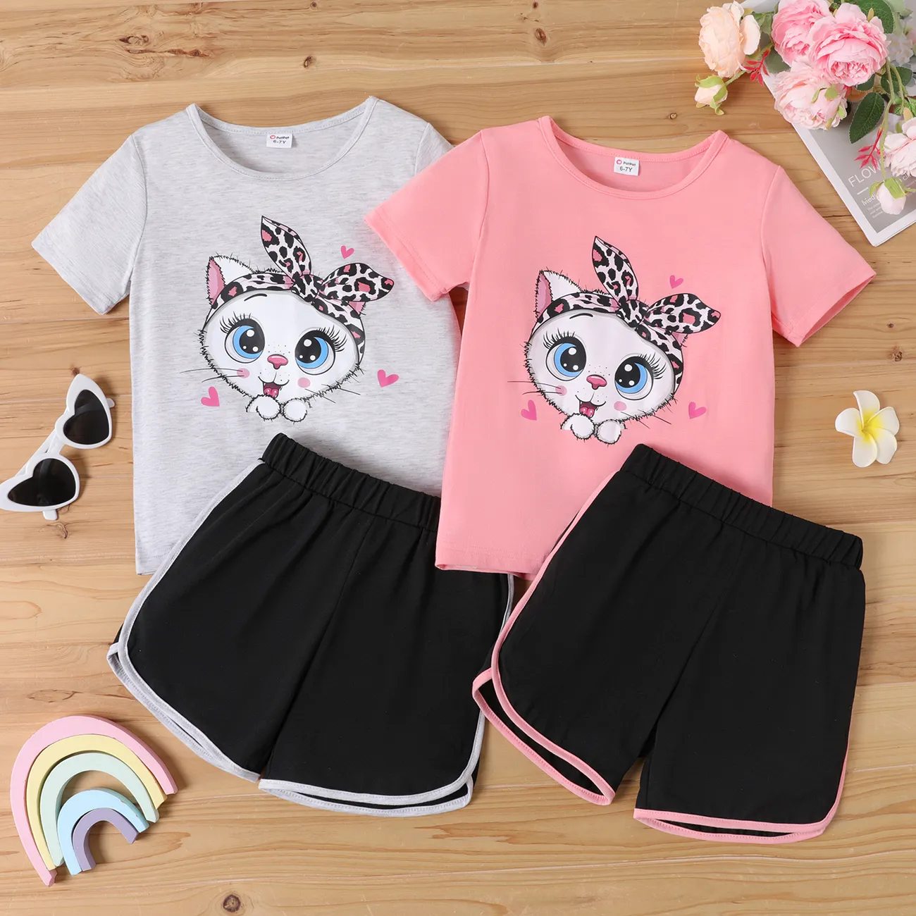 2pcs Kid Girl Cute Cat Print Short-sleeve Tee and Dolphin Shorts Set Pink big image 1