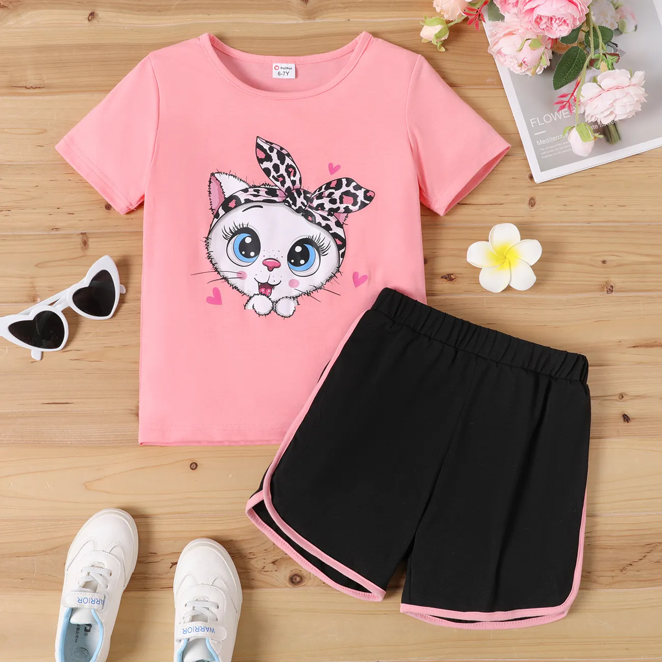 2pcs Kid Girl Cute Cat Print Short-sleeve Tee and Dolphin Shorts Set Pink big image 1