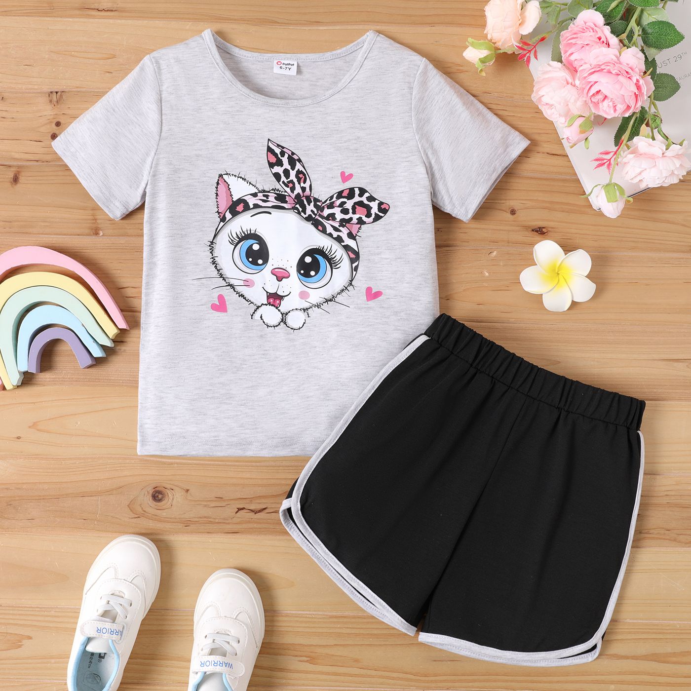 2pcs Kid Girl Cute Cat Print Tee à Manches Courtes Et Dolphin Shorts Set