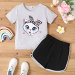 2pcs Kid Girl Cute Cat Print Short-sleeve Tee and Dolphin Shorts Set Grey