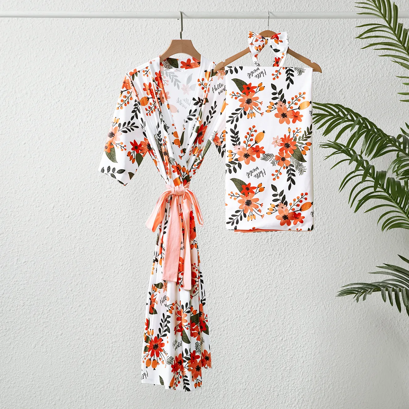 Mommy and Me Allover Floral Print Belted Robe and Swaddle Blanket Sets Orange big image 1
