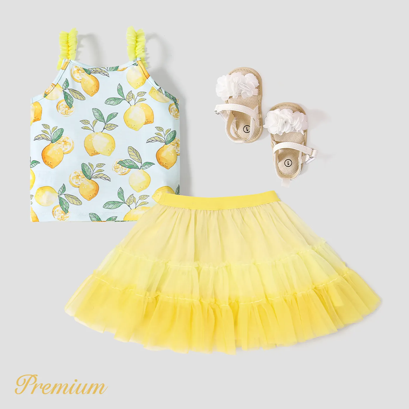 

2pcs Toddler Girl Naia™ Lemon Print Ruched Cami Top and Mesh Tiered Skirt Set