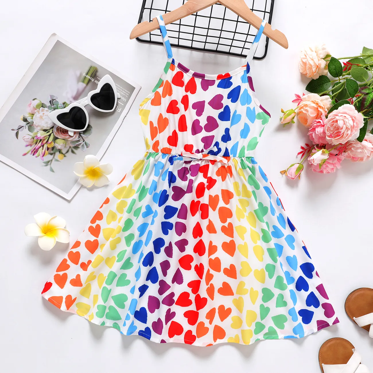 Kid Girl Colorful Heart Print Slip Dress Multi-color big image 1