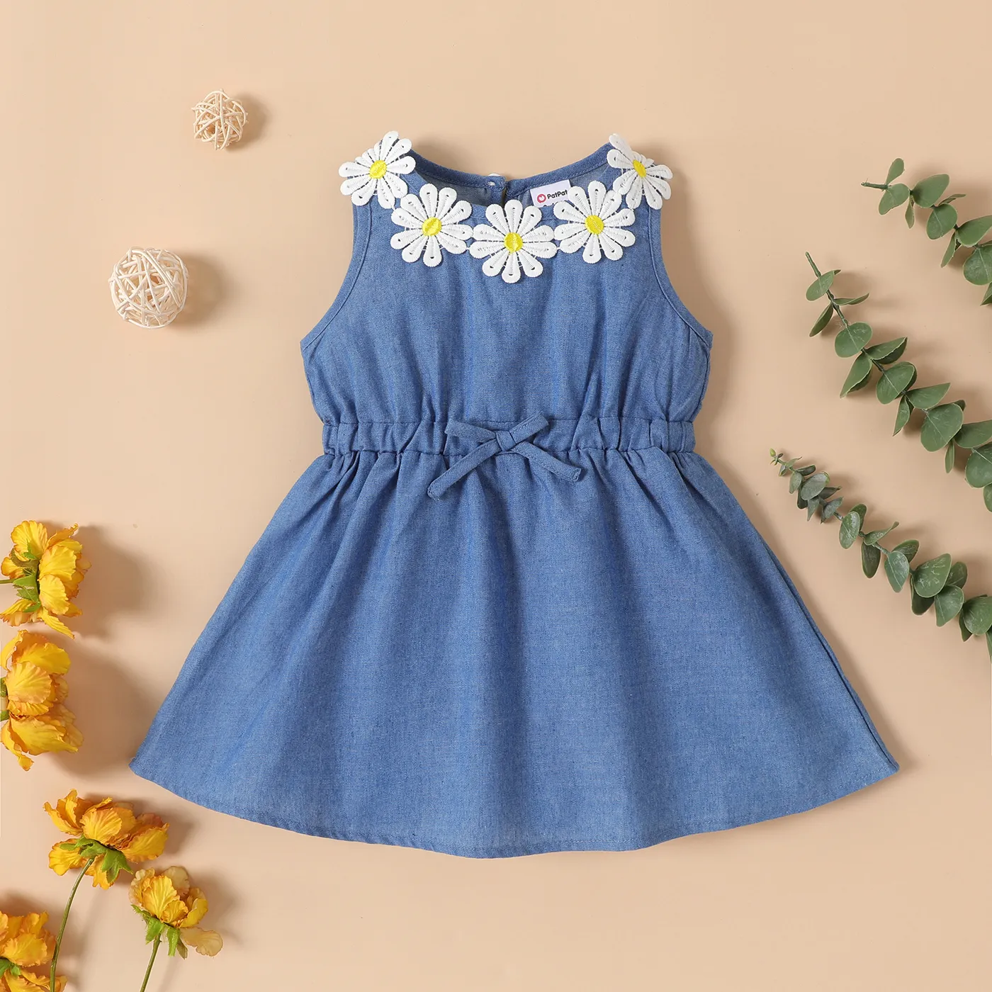 Baby Girl Daisy Floral Applique Detail Denim Tank Dress