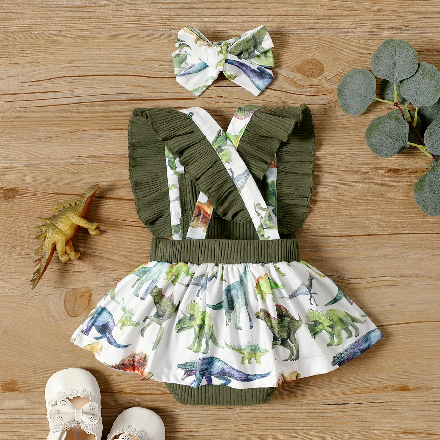 Baby Girl Dinosaur Print Ruffled Ribbed Bodysuit Dress  image 2