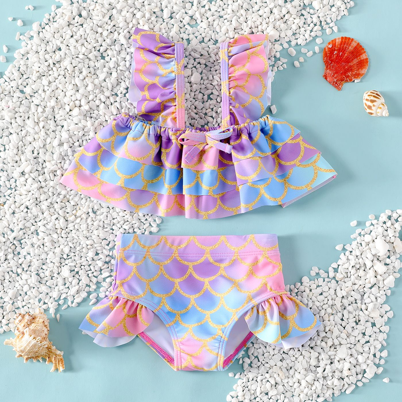

2pcs Baby Girl Ruffle Trim Two-piece Mermaid Swimsuit