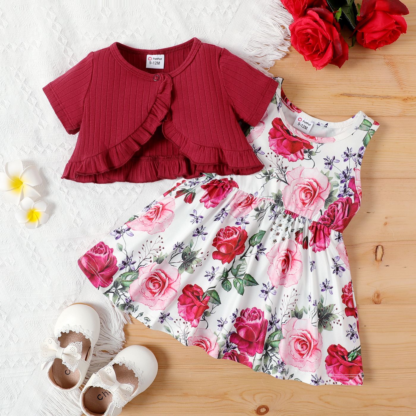 

2pcs Baby Girl Ruffled Solid Short-sleeve Top and Big Floral Sleeveless Dress Set
