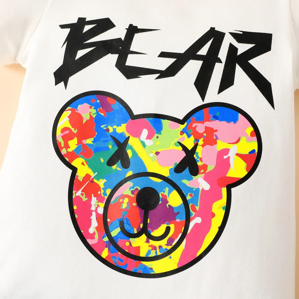 Baby Boy White Cotton Short-sleeve Bear & Letter Print Ripped Romper big image 5