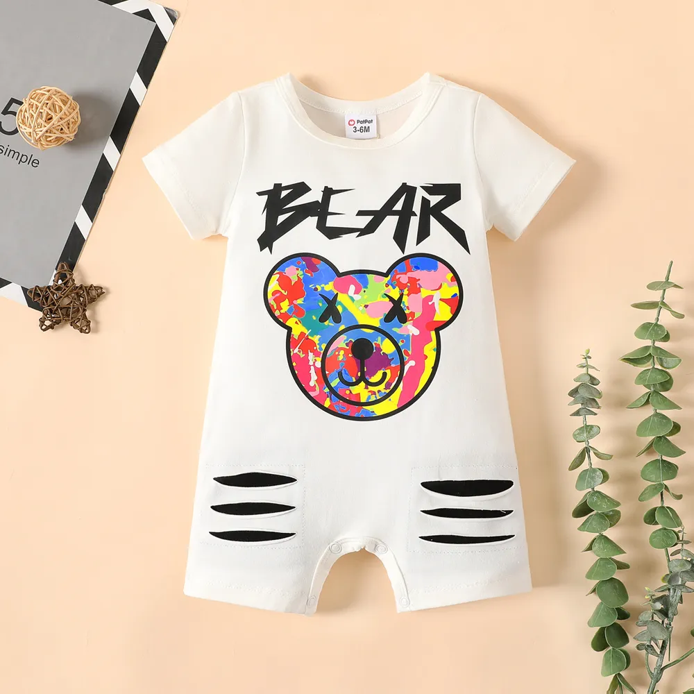 Baby Boy White Cotton Short-sleeve Bear & Letter Print Ripped Romper  big image 1