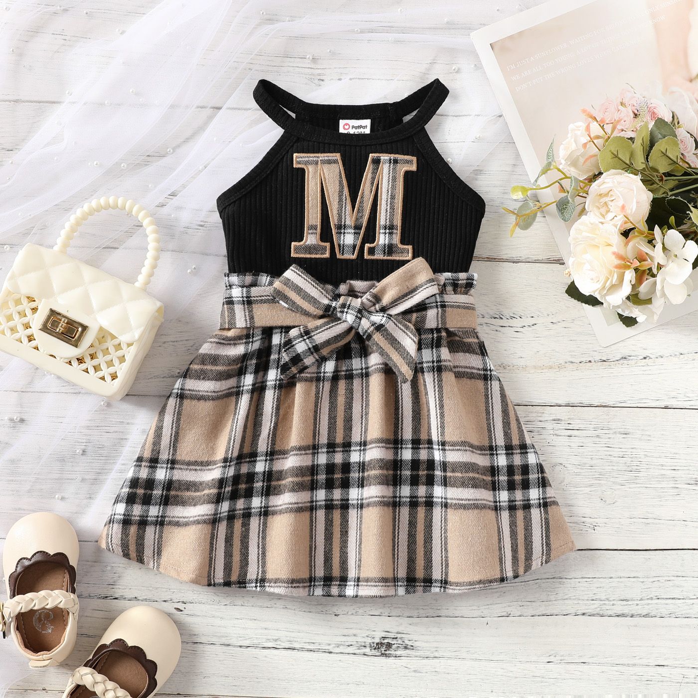 Baby Girl Plaid Letter Graphic Belted Combo Halter Dress