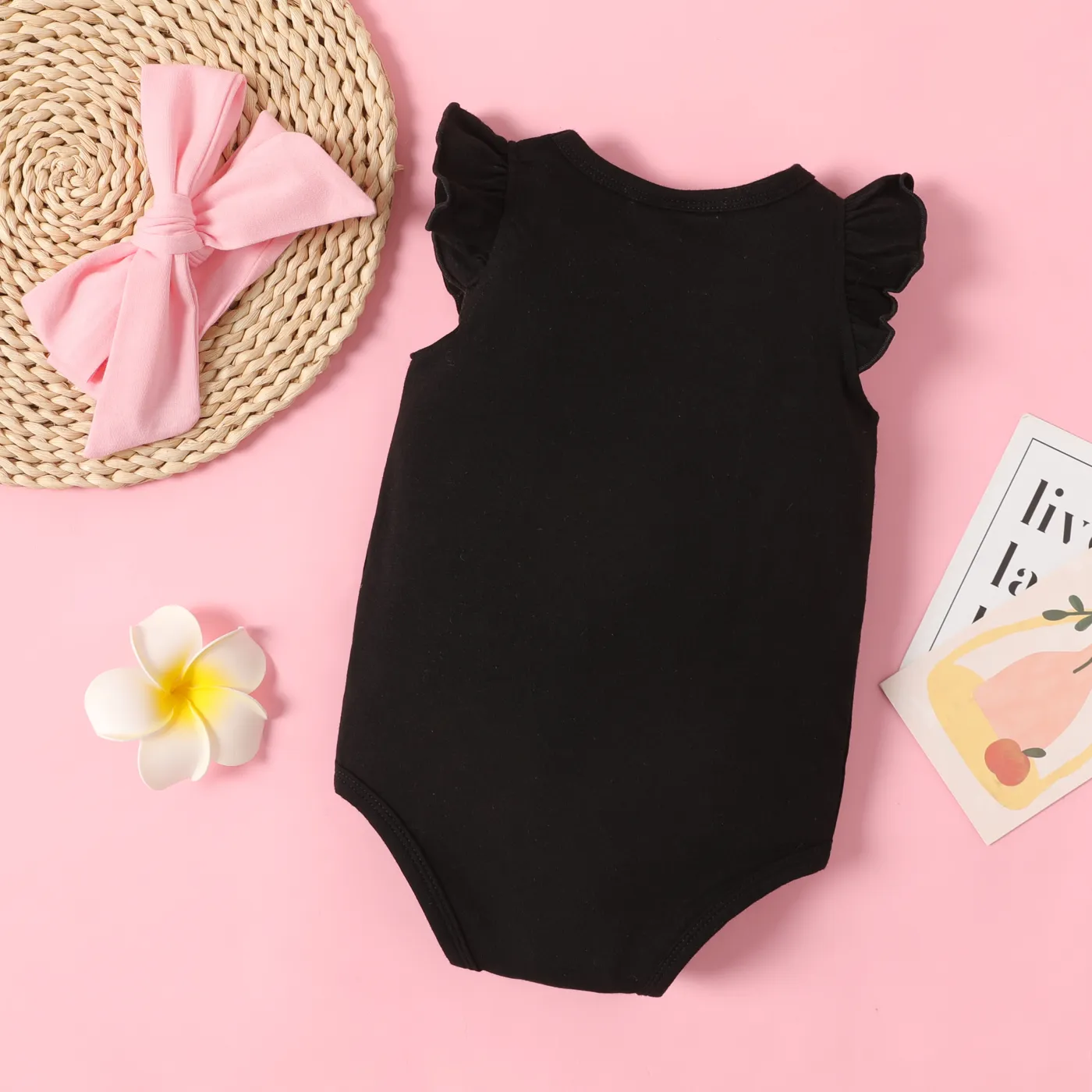 2pcs Baby Girl Cotton Letter Print Flutter-sleeve Bodysuit and Bow Headband Set Black image 3