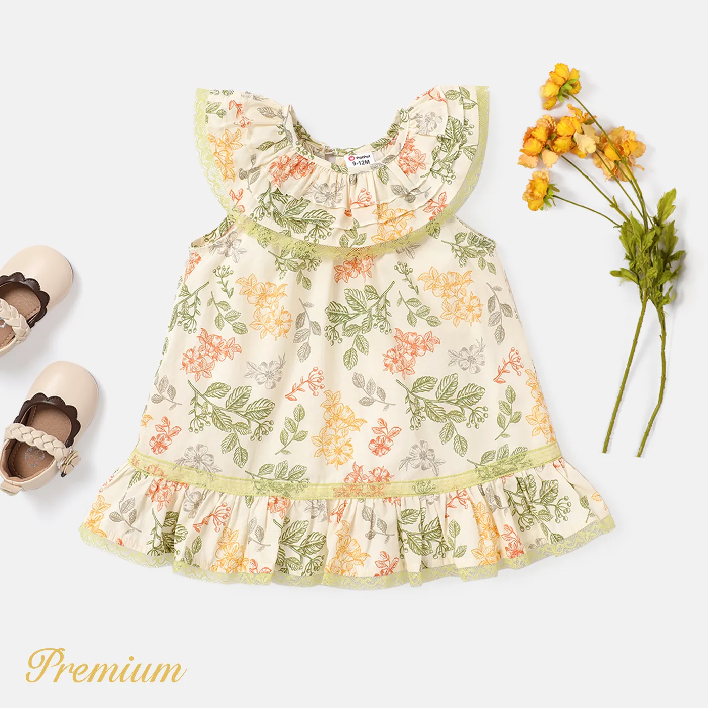Baby Girl 100% Cotton Lace Detail Ruffled Sleeveless Dress