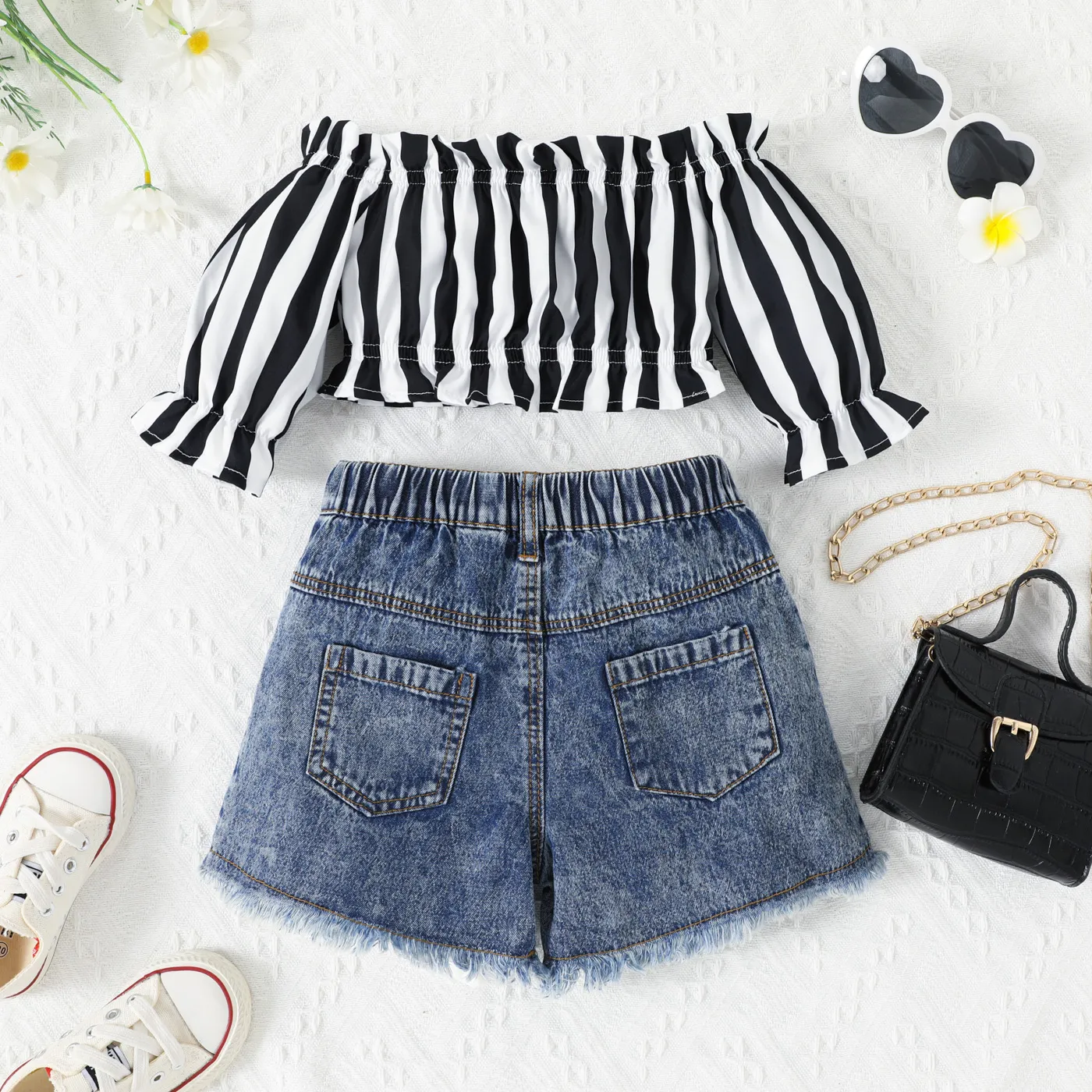 2pcs Toddler Girl Trendy Off-Shoulder Stripe Top and Ripped Denim Shorts Set BlackandWhite image 2