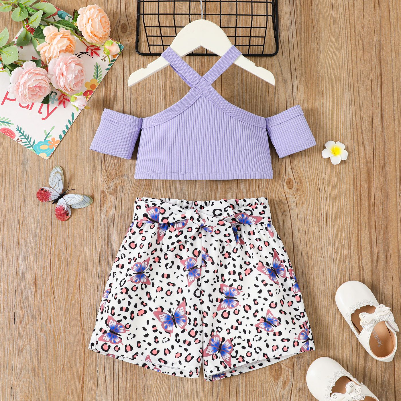 

2pcs Toddler Girl Ribbed Short-sleeve Halter Top and Butterfly Print Shorts Set