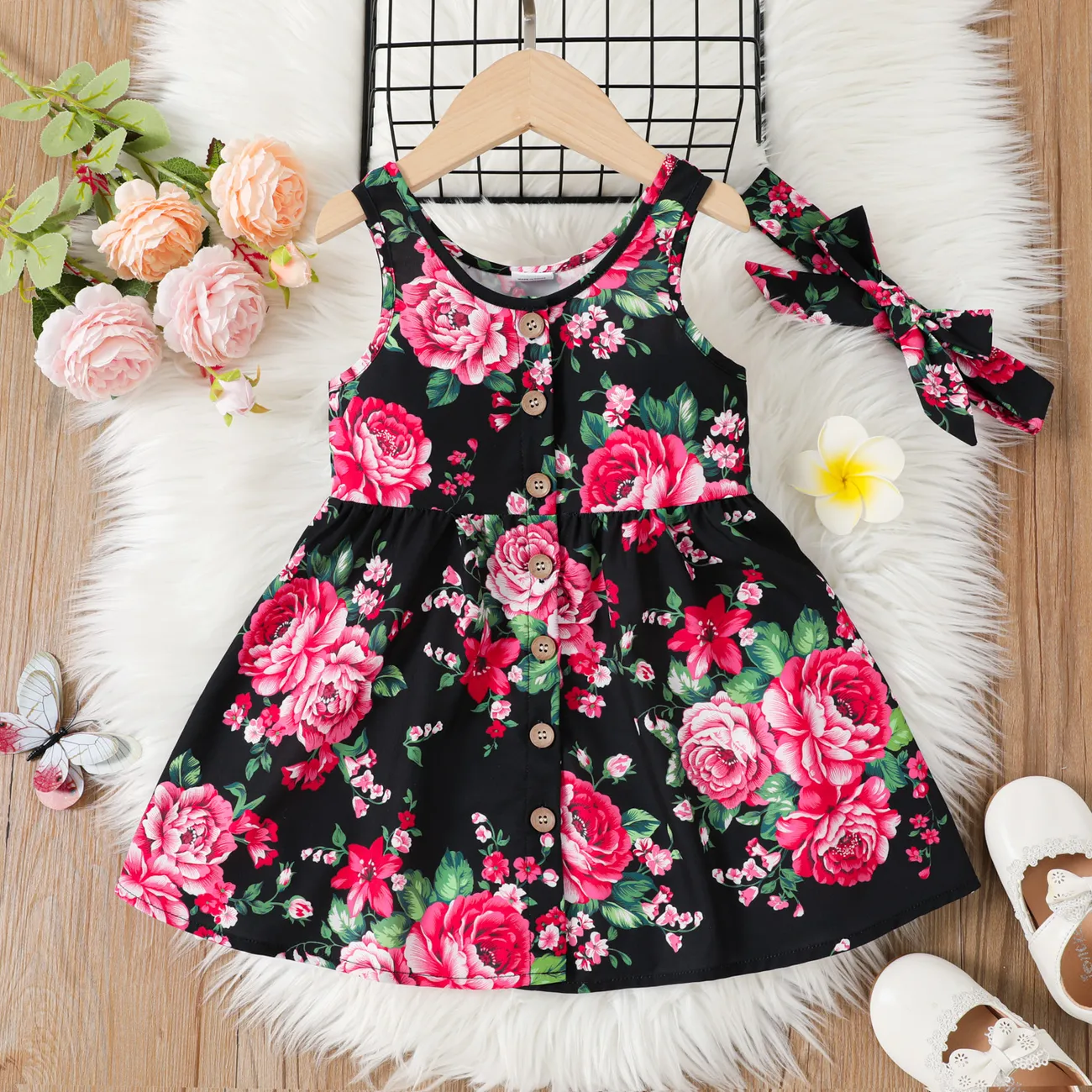 2pcs Toddler Girl Allover Floral Print Button Up Tank Dress with Headband Black big image 1