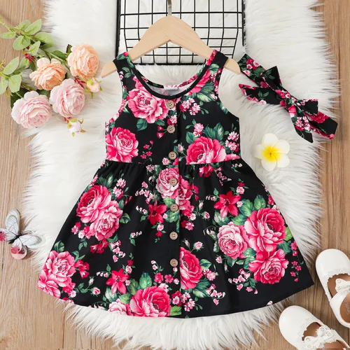 2pcs Toddler Girl Allover Floral Print Button Up Tank Dress with Headband 