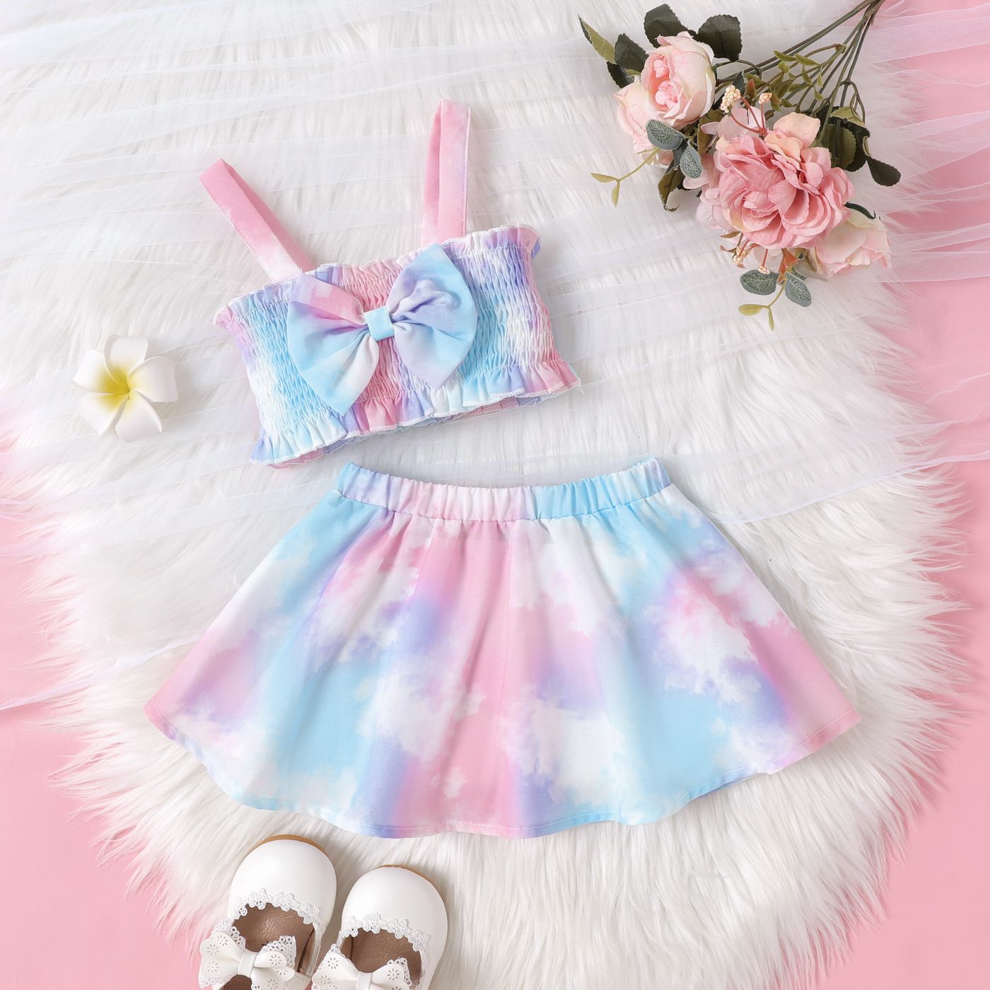 

2pcs Baby Girl Bow Front Tie Dye Cami Top and Skirt Set