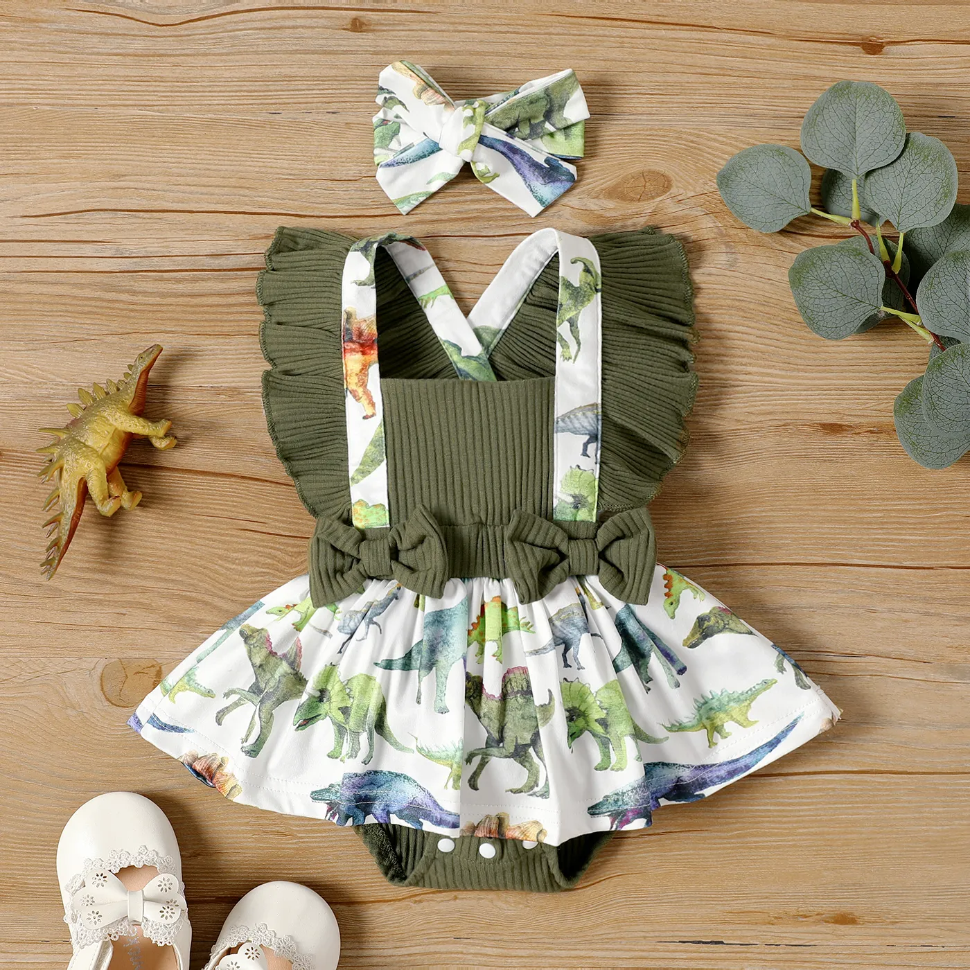 Baby Girl Dinosaur Print Ruffled Ribbed Bodysuit Dress  big image 1