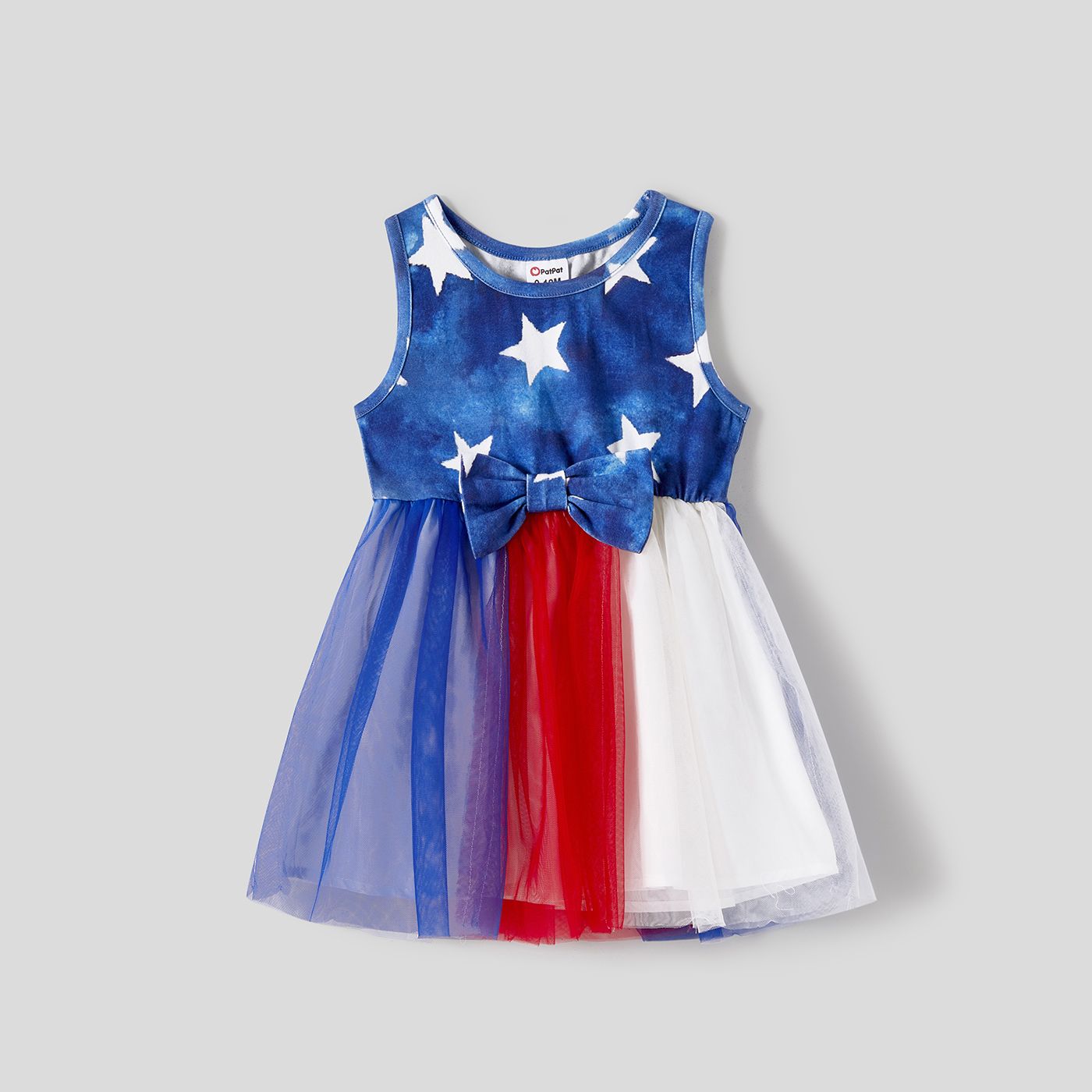 Independence Day Family Matching Cotton Star Print Spliced Colorful Mesh Cami Dresses And T-shirts Sets