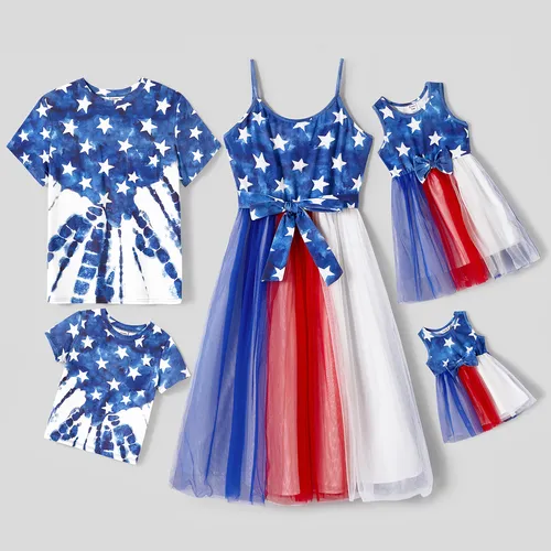 Independence Day Family Matching Cotton Star Print Spliced Colorful Mesh Cami Dresses and T-shirts Sets
