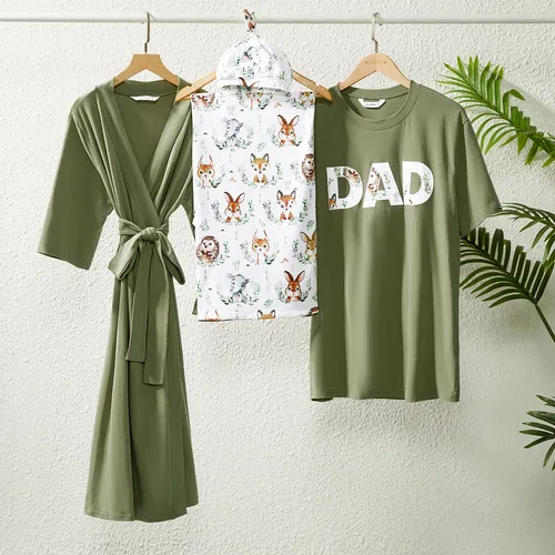 Family Matching Cotton Solid Belted Robe & Swaddle Blanket and Letter Print Short-sleeve Tee Sets