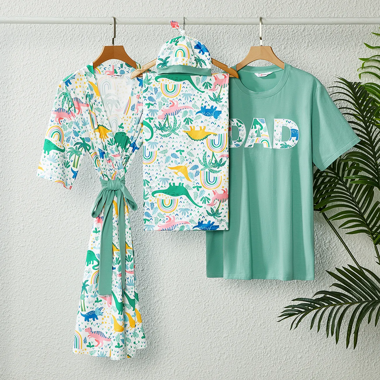 Family Matching Allover Colorful Dinosaur Print Belted Robe and Swaddle Blanket or Cotton Letter Graphic Short-sleeve Tee Sets Multi-color big image 1