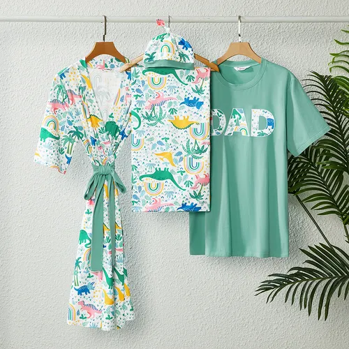 Family Matching Allover Colorful Dinosaur Print Belted Robe and Swaddle Blanket or Cotton Letter Graphic Short-sleeve Tee Sets