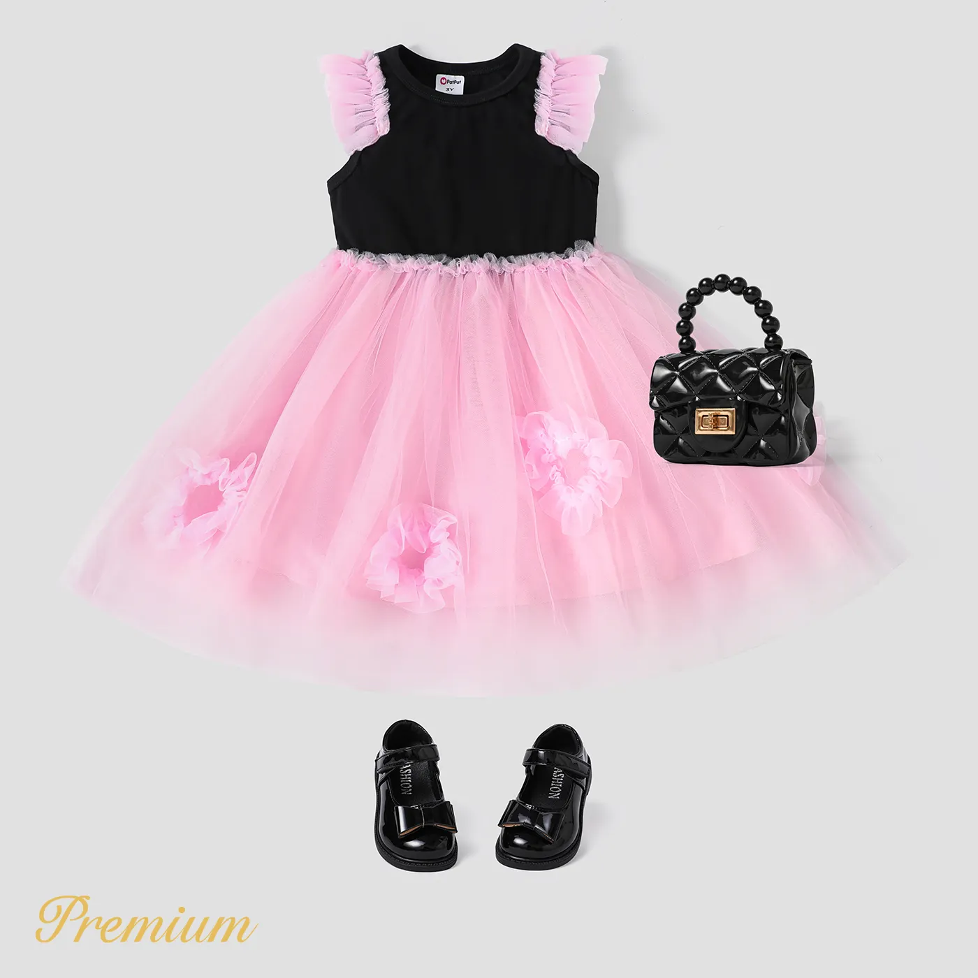 Toddler Girl Colorblock Mesh Overlay Combo Ruffled Tank Dress Black/Pink big image 1