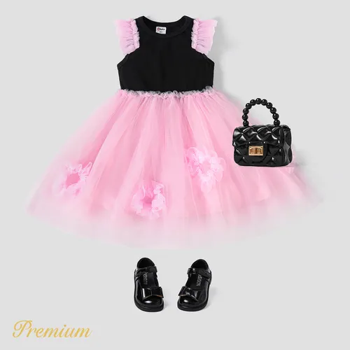 <Sweet Pink Delight> Kleinkindermädchen Layered Mesh Combo Slip Dress / 100% Baumwolle gesmoktes Kleid / Mesh Combo Tankkleid