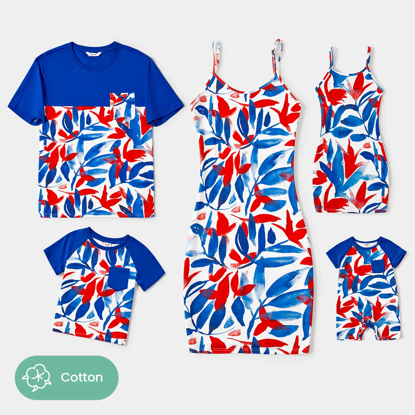 Family Matching Cotton Allover Leaf Print Bodycon Cami Dresses and Spliced Short-sleeve T-shirts Sets