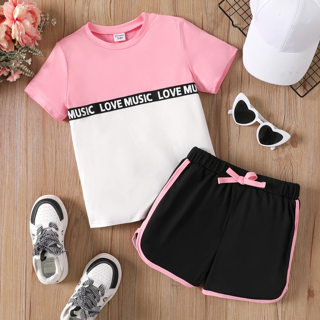 2pcs Kid Girl Letter Panel Color Block Short-sleeve Top and Shorts Set Light Pink big image 1