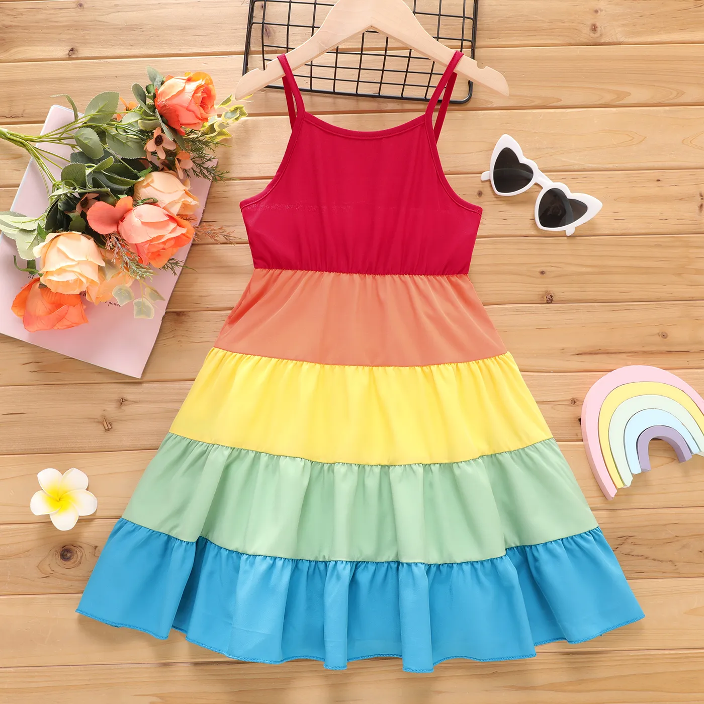 Kid Girl Ruffle Hem Rainbow Slip Dress ColorBlock big image 1
