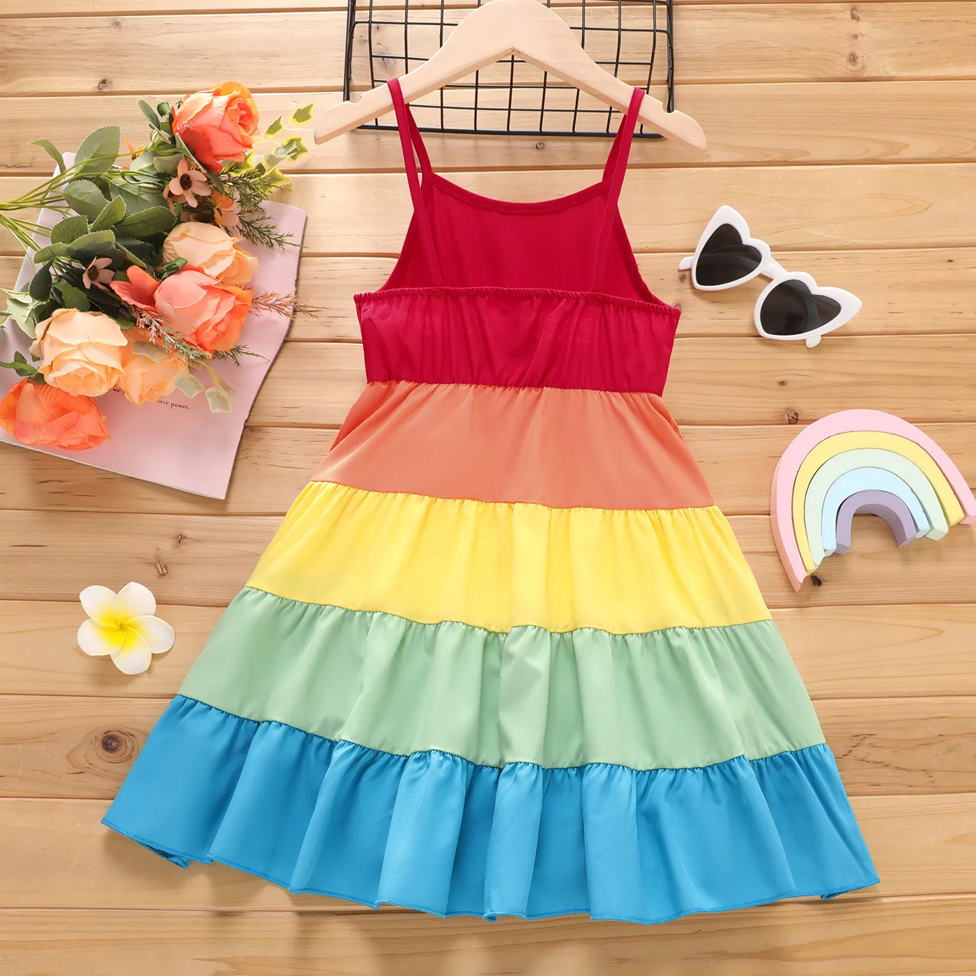 Kid Girl Ruffle Hem Rainbow Slip Dress ColorBlock image 2