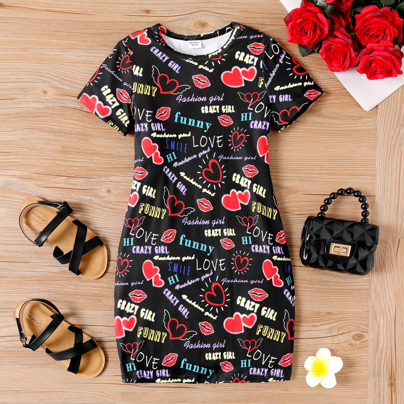 Kid Girl Letter & Heart Print Short-sleeve Tunic Dress