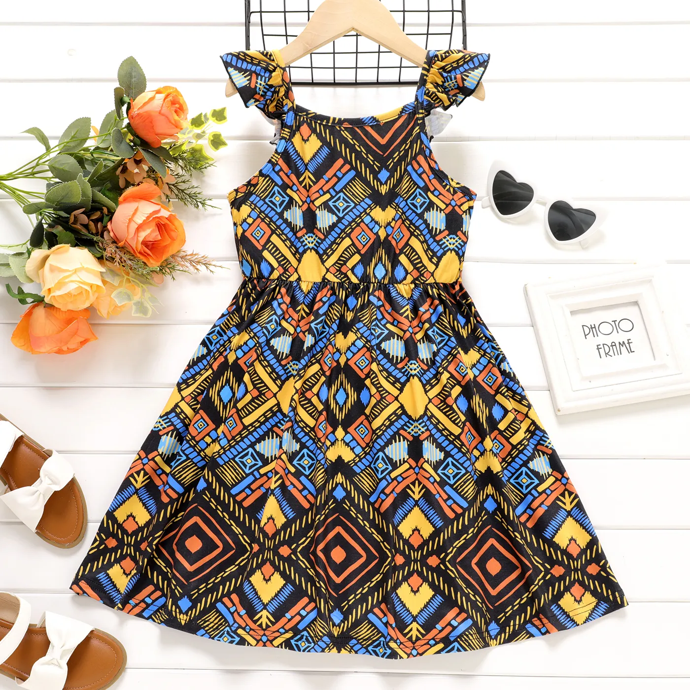 Kid Girl Boho Flutter-sleeve Dress Multi-color big image 1