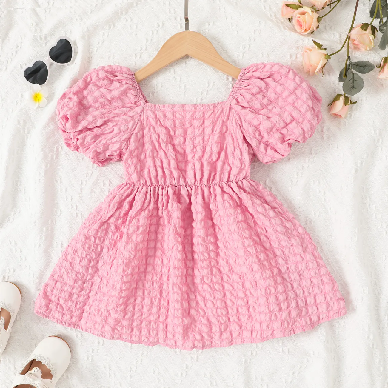 Toddler Girl Textured Puff-sleeve Solid Dress Pink big image 1