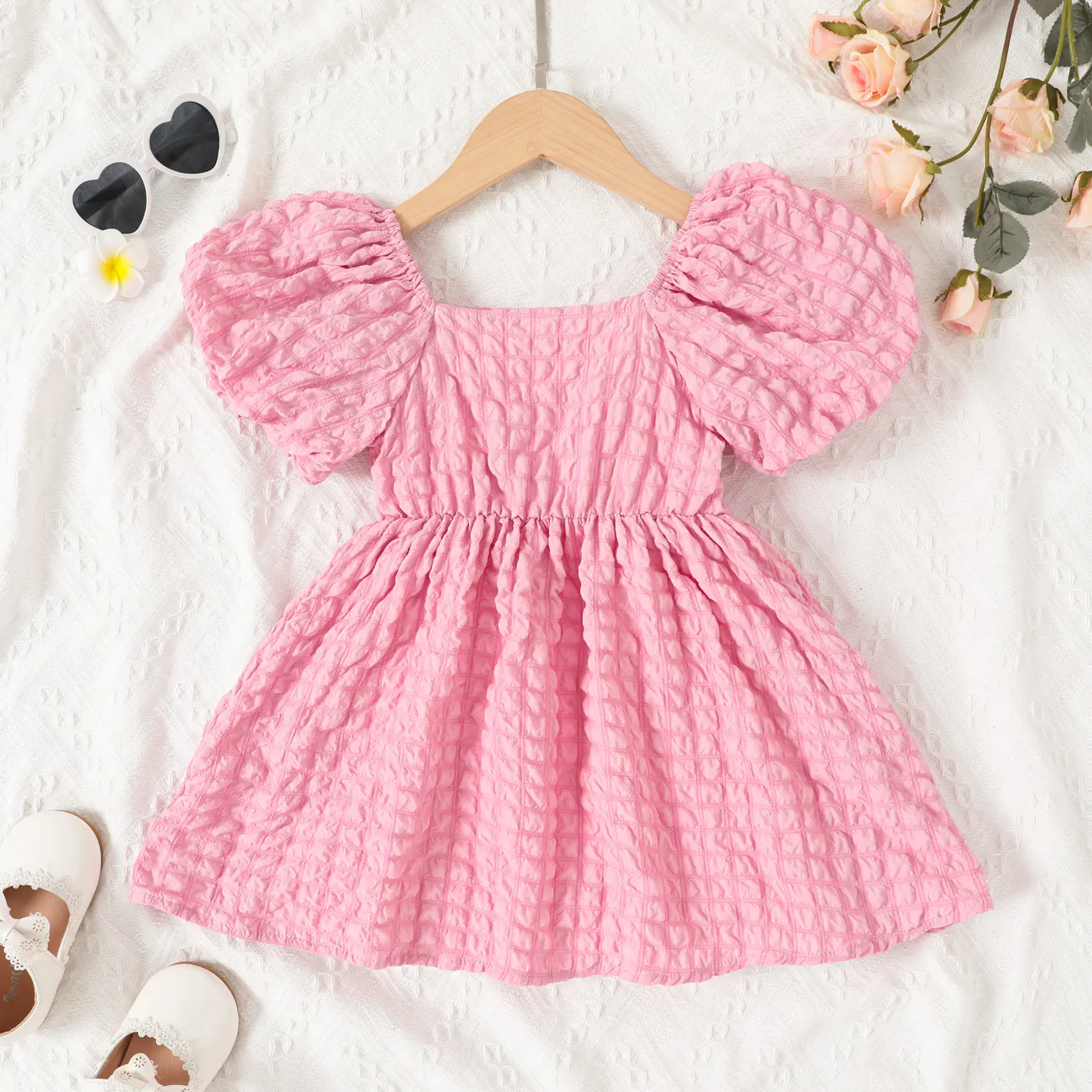 Toddler Girl Textured Puff-sleeve Solid Dress Pink image 2